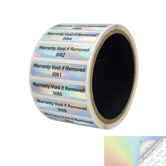 5,000 Rainbow TamperColor® Tamper Evident Security Label Seal Sticker, Rectangle 2" x 0.5" (51mm x 13mm). Printed: Warranty Void if Removed + Serial Number