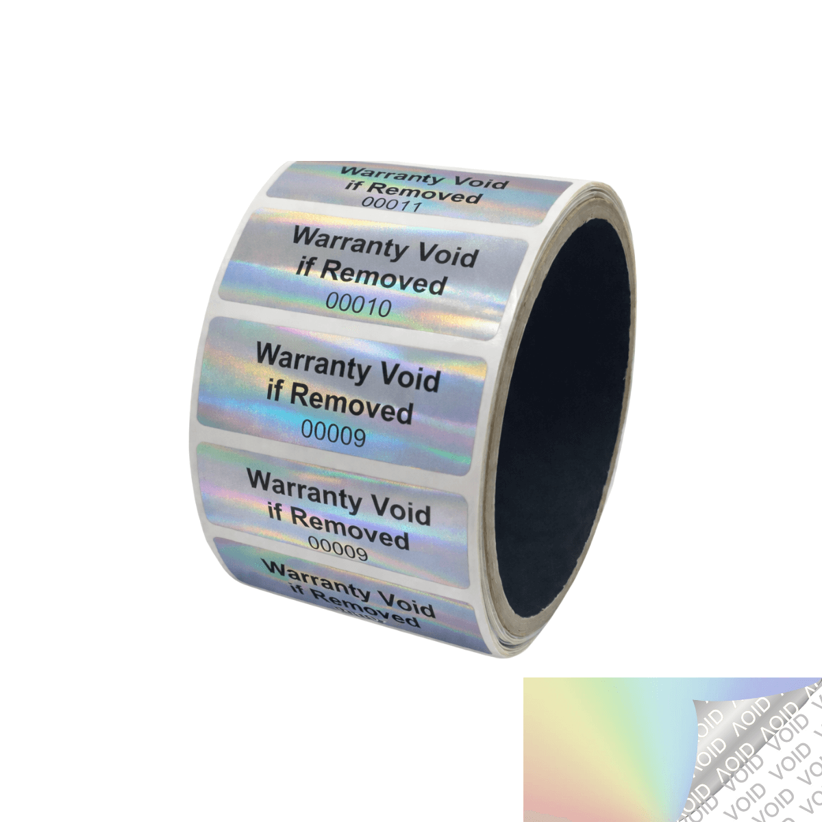 5,000 Rainbow TamperColor® Tamper Evident Security Label Seal Sticker, Rectangle 2" x 0.75" (51mm x 19mm). Printed: Warranty Void if Removed + Serial Number