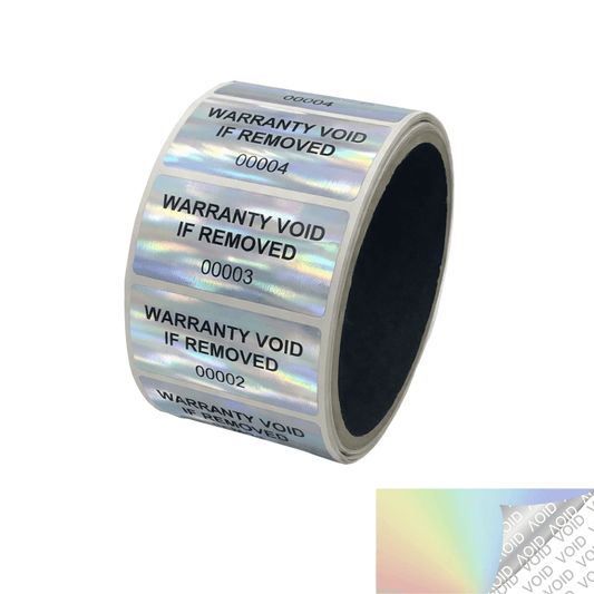 5,000 Rainbow TamperColor® Tamper Evident Security Label Seal Sticker, Rectangle 2" x 1" (51mm x 25mm). Printed: Warranty Void if Removed + Serial Number