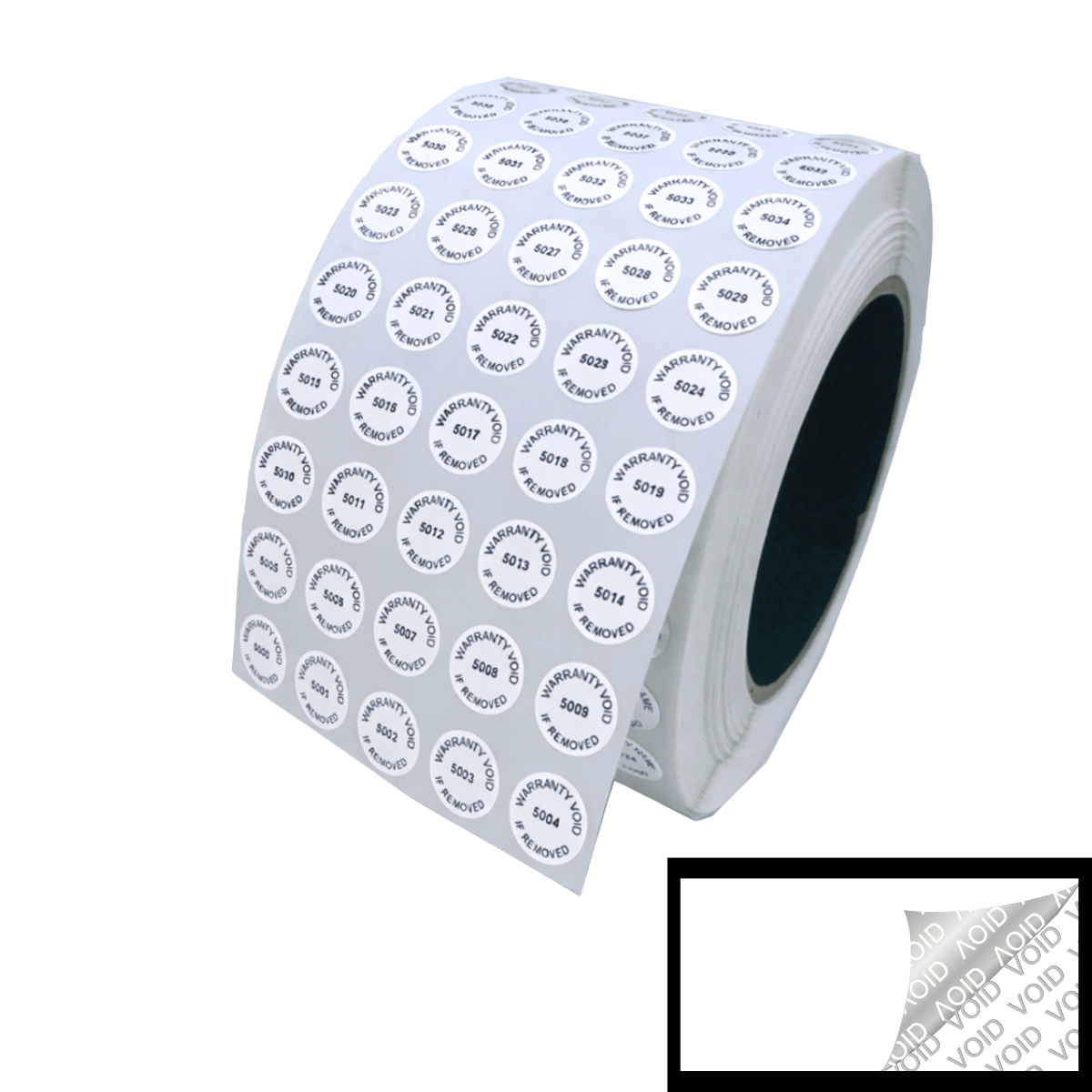 500 Tamper Evident White Security Labels TamperColor® Seal Sticker, Circle 0.5" (13mm). Printed: Warranty Void if Removed + Serialization