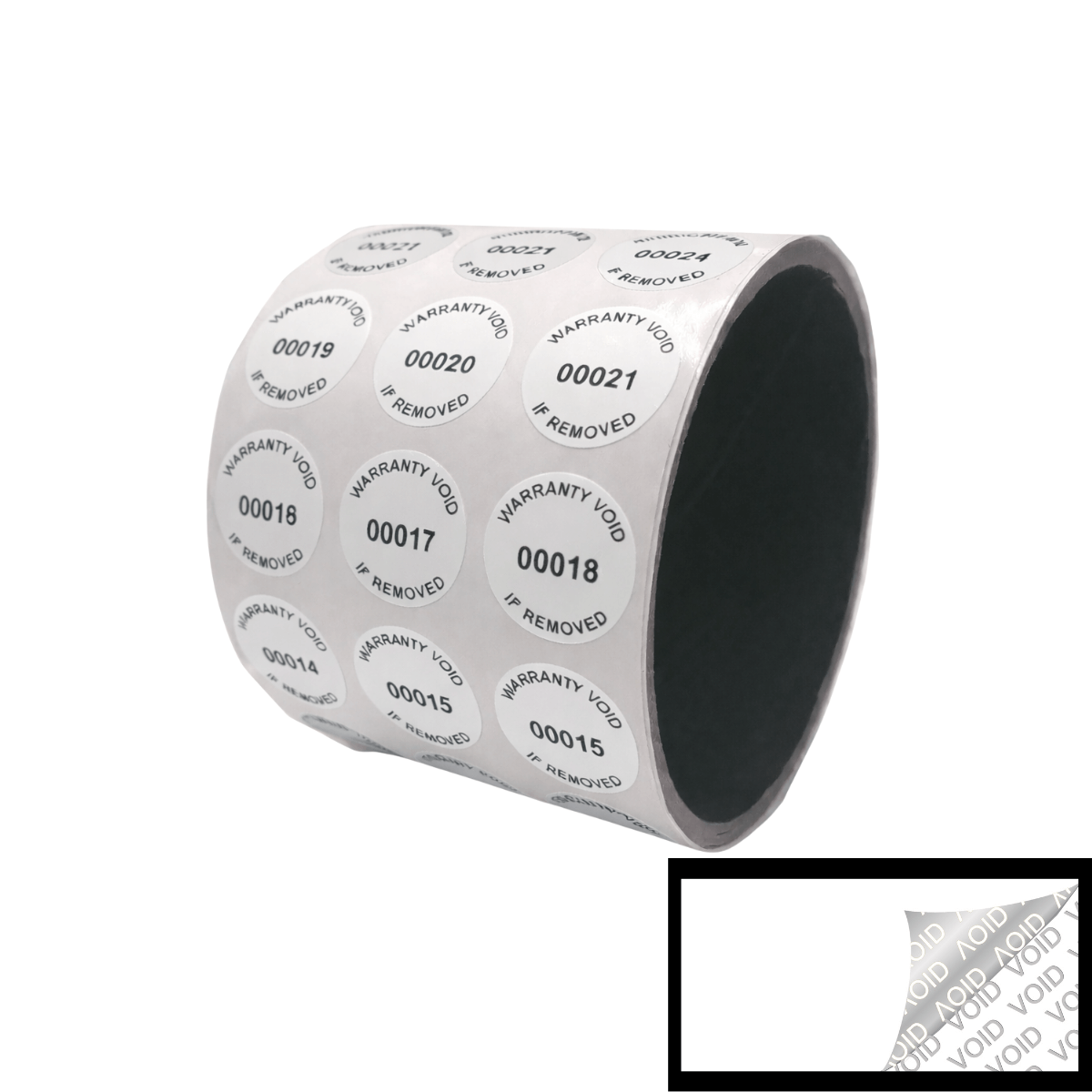 250 White TamperColor® Tamper Evident Security Label Seal Sticker, Circle 0.75" (19mm). Printed: Warranty Void if Removed + Serial Number