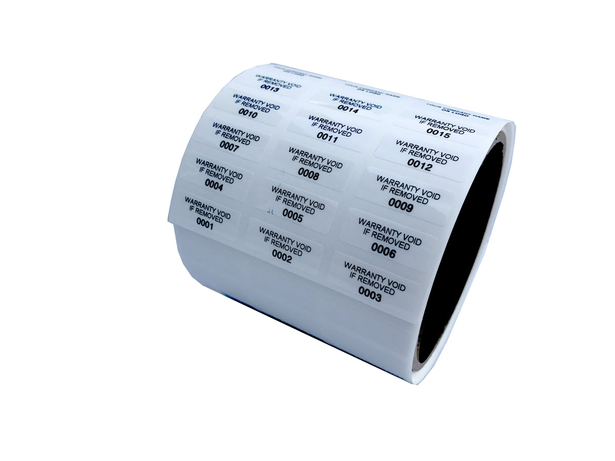 500 Tamper Evident White Security Labels TamperColor® Seal Sticker, Rectangle 0.75" x 0.25" (19mm x 6mm). Printed: Warranty Void if Removed + Serialization.