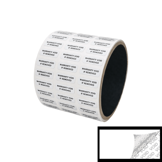 500 Tamper Evident White Security Labels TamperColor® Seal Sticker, Rectangle 0.75" x 0.25" (19mm x 6mm). Printed: Warranty Void if Removed + Serialization.