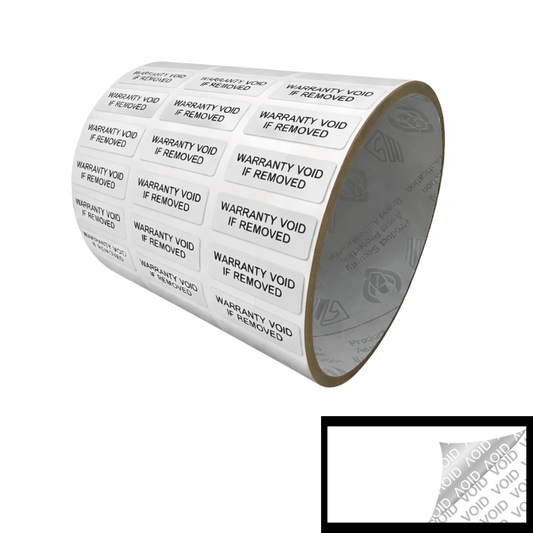 5,000 White TamperColor® Tamper Evident Security Label Seal Sticker, Rectangle 1"x 0.375" (25mm x 9mm). Printed: Warranty Void if Removed + Serial Number