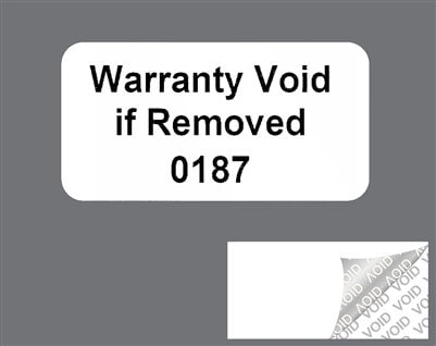500 Tamper Evident White Security Labels TamperColor® Seal Sticker, Rectangle 1" x 0.5" (25mm x 13mm). Printed: Warranty Void if Removed + Serialization