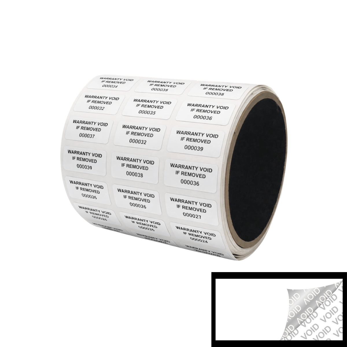 250 Tamper Evident White Security Labels TamperColor® Seal Sticker, Rectangle 1" x 0.5" (25mm x 13mm). Printed: Warranty Void if Removed + Serialization