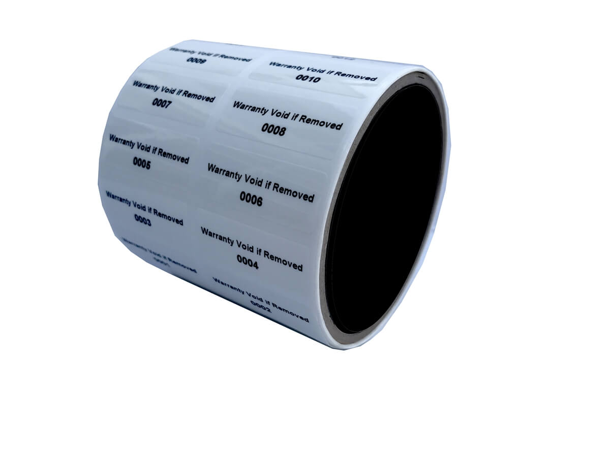 500 Tamper Evident White Security Labels TamperColor® Seal Sticker, Rectangle 1.5" x 0.6" (38mm x 15mm). Printed: Warranty Void if Removed + Serialization