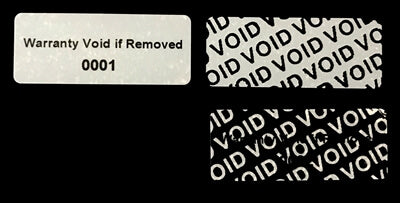500 Tamper Evident White Security Labels TamperColor® Seal Sticker, Rectangle 1.5" x 0.6" (38mm x 15mm). Printed: Warranty Void if Removed + Serialization