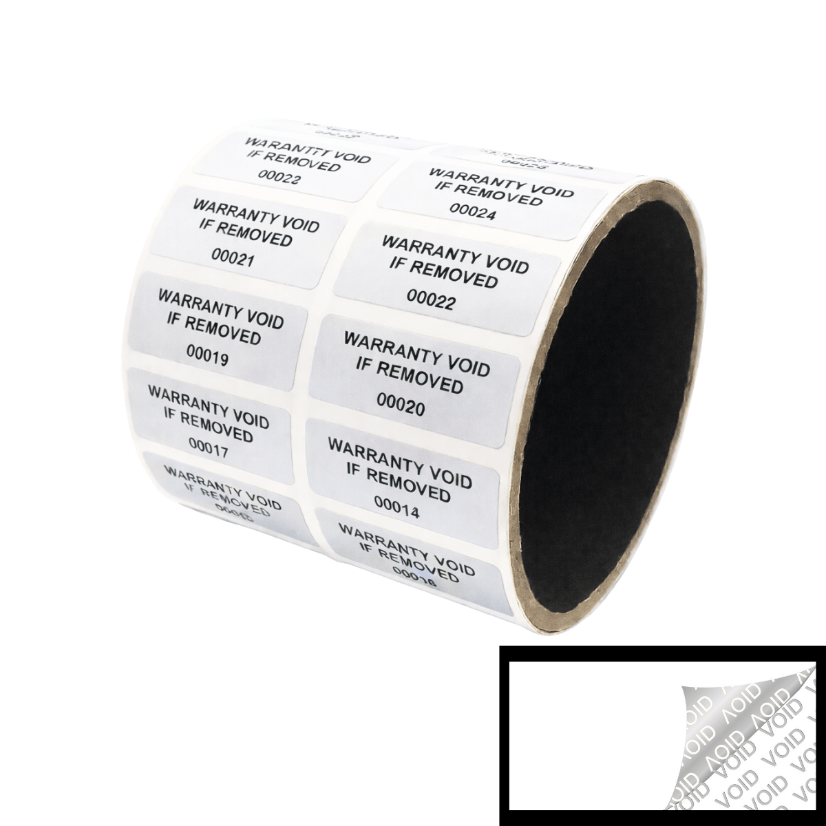 10,000 Tamper Evident White Security Labels TamperColor® Seal Sticker, Rectangle 1.5" x 0.6" (38mm x 15mm). Printed: Warranty Void if Removed + Serialization