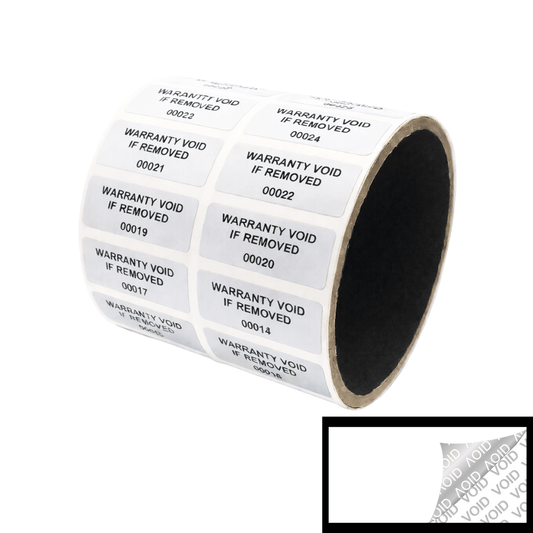 500 Tamper Evident White Security Labels TamperColor® Seal Sticker, Rectangle 1.5" x 0.6" (38mm x 15mm). Printed: Warranty Void if Removed + Serialization