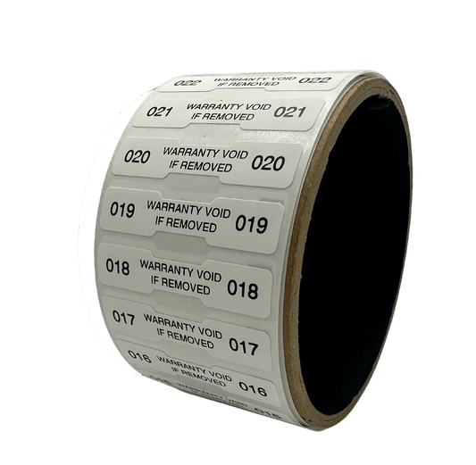 500 Tamper Evident White Security Labels TamperColor® Seal Sticker, Dogbone Shape Size 1.75" x 0.375 (44mm x 9mm). Printed: Warranty Void if Removed + Serialization