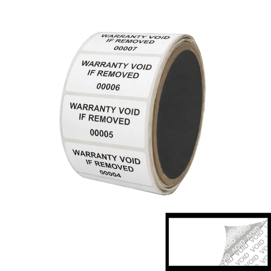 5,000 White TamperColor® Tamper Evident Security Label Seal Sticker, Rectangle 2" x 1" (51mm x 25mm). Printed: Warranty Void if Removed + Serial Number