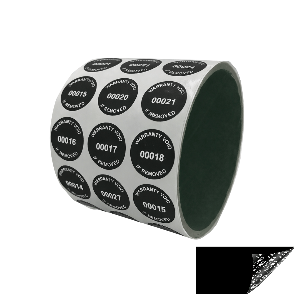 1,000 Tamper Evident Black Non Residue Security Labels TamperGuard® Seal Sticker, Round/ Circle 0.75" diameter (19mm). Printed: Warranty Void if Removed + Serialized