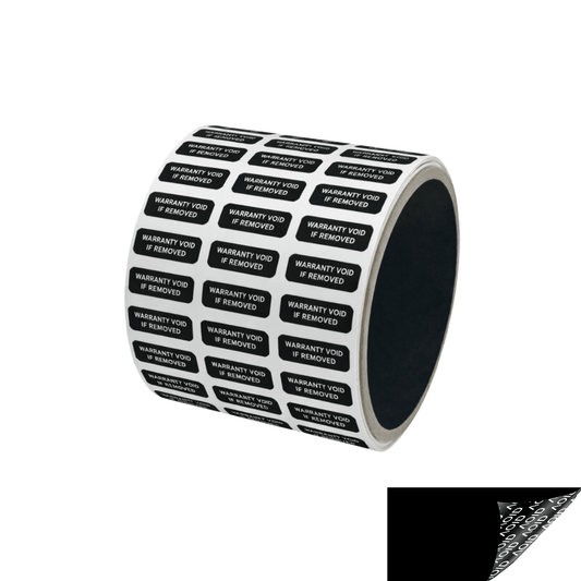 250 Black TamperGuard® Tamper Evident Security Label Seal Sticker Non Residue, Rectangle 0.75" x 0.25" (19mm x 6mm). Printed: Warranty Void if Removed + Serial Number.