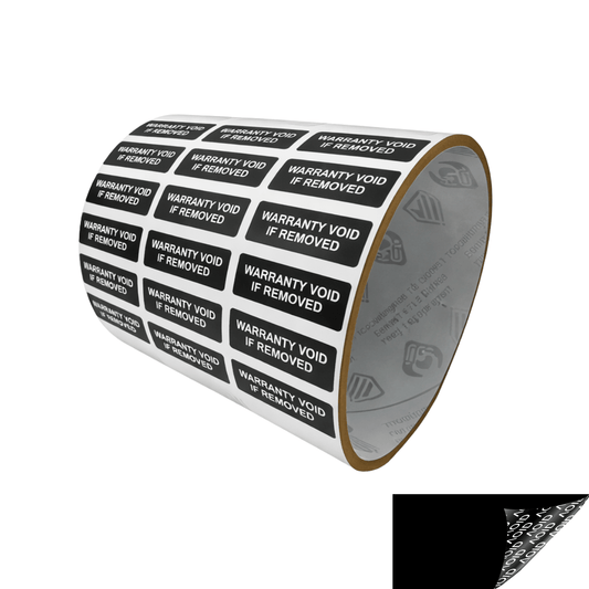 250 Black TamperGuard® Tamper Evident Security Label Seal Sticker Non Residue, Rectangle 1"x 0.375" (25mm x 9mm). Printed: Warranty Void if Removed + Serial Number.