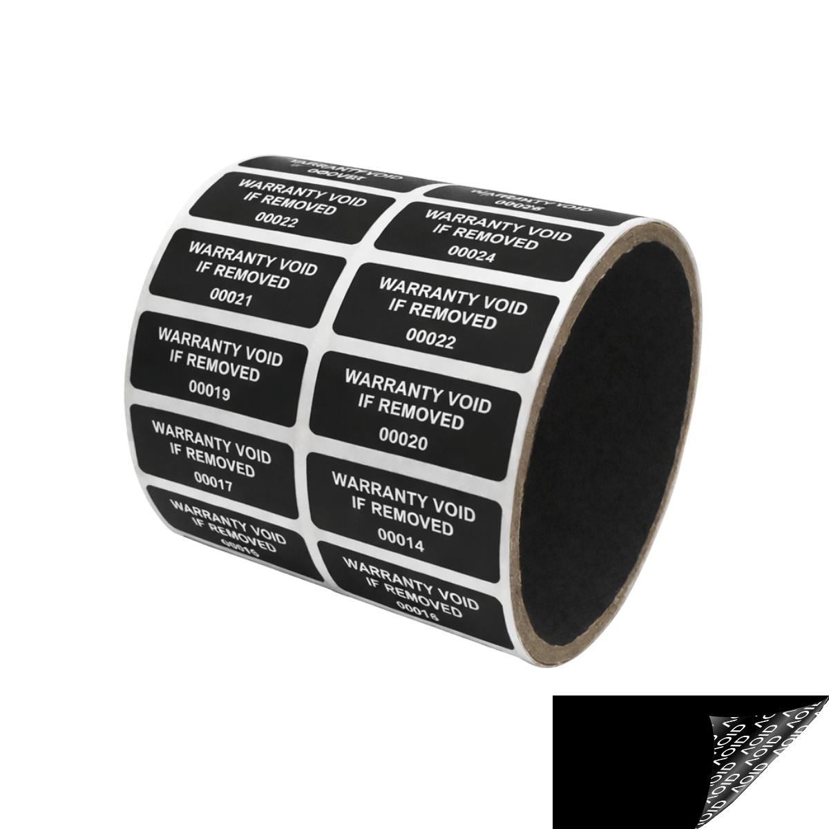 250 Tamper Evident Black Non Residue Security Labels TamperGuard® Seal Sticker, Rectangle 1.5" x 0.6" (38mm x 15mm). Printed: Warranty Void if Removed + Serialized