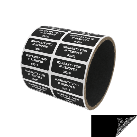 5,000 Tamper Evident Black Non Residue Security Labels TamperGuard® Seal Sticker, Rectangle 1.5" x 0.6" (38mm x 15mm). Printed: Warranty Void if Removed + Serialized