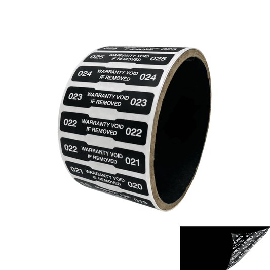1,000 Tamper Evident Black Non Residue Security Labels TamperGuard® Seal Sticker, Dogbone 1.75" x 0.375" (44mm x 9mm). Printed: Warranty Void if Removed + Serialized