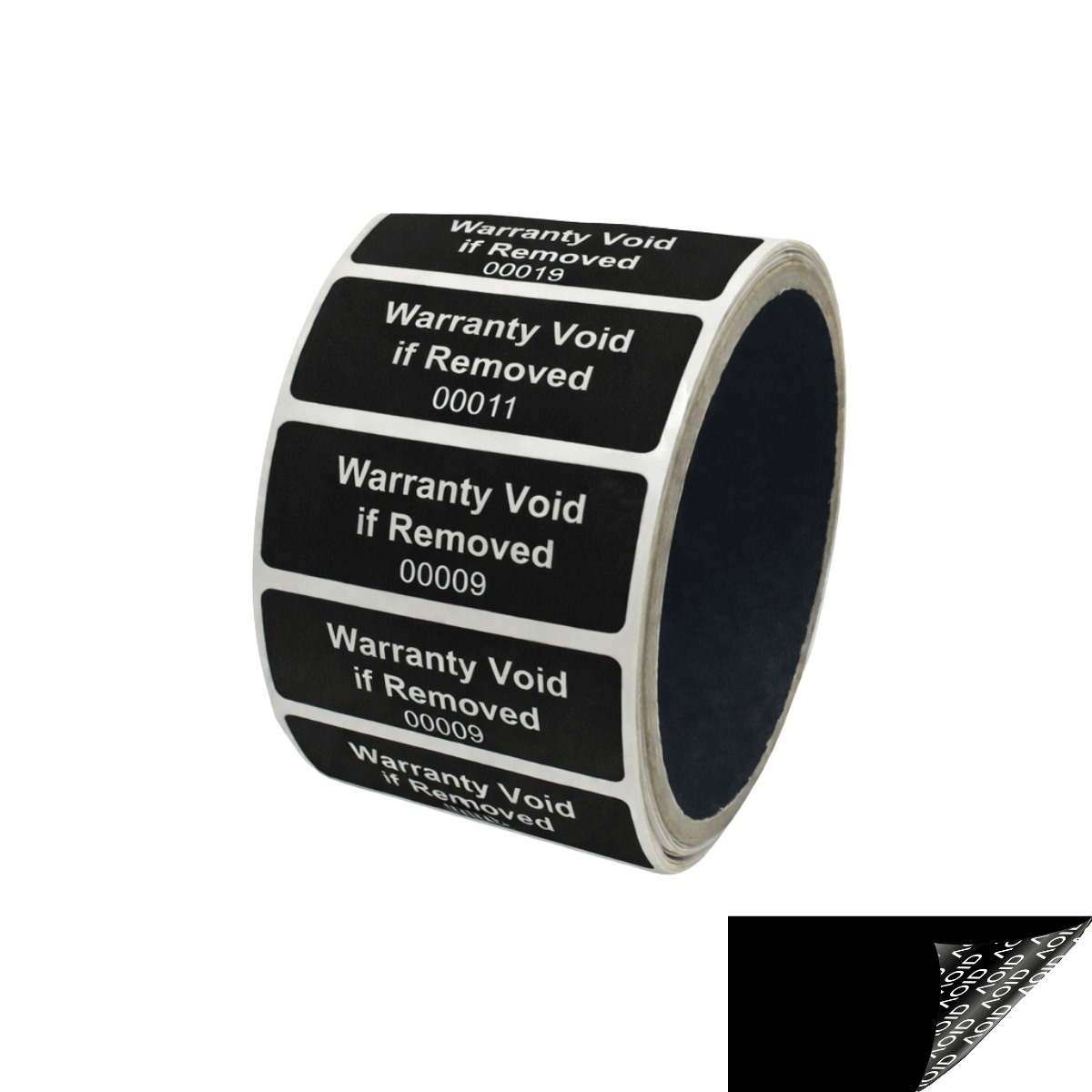 10,000 Black TamperGuard® Tamper Evident Security Label Seal Sticker Non Residue, Rectangle 2" x 0.75" (51mm x 19mm). Printed: Warranty Void if Removed + Serial Number.