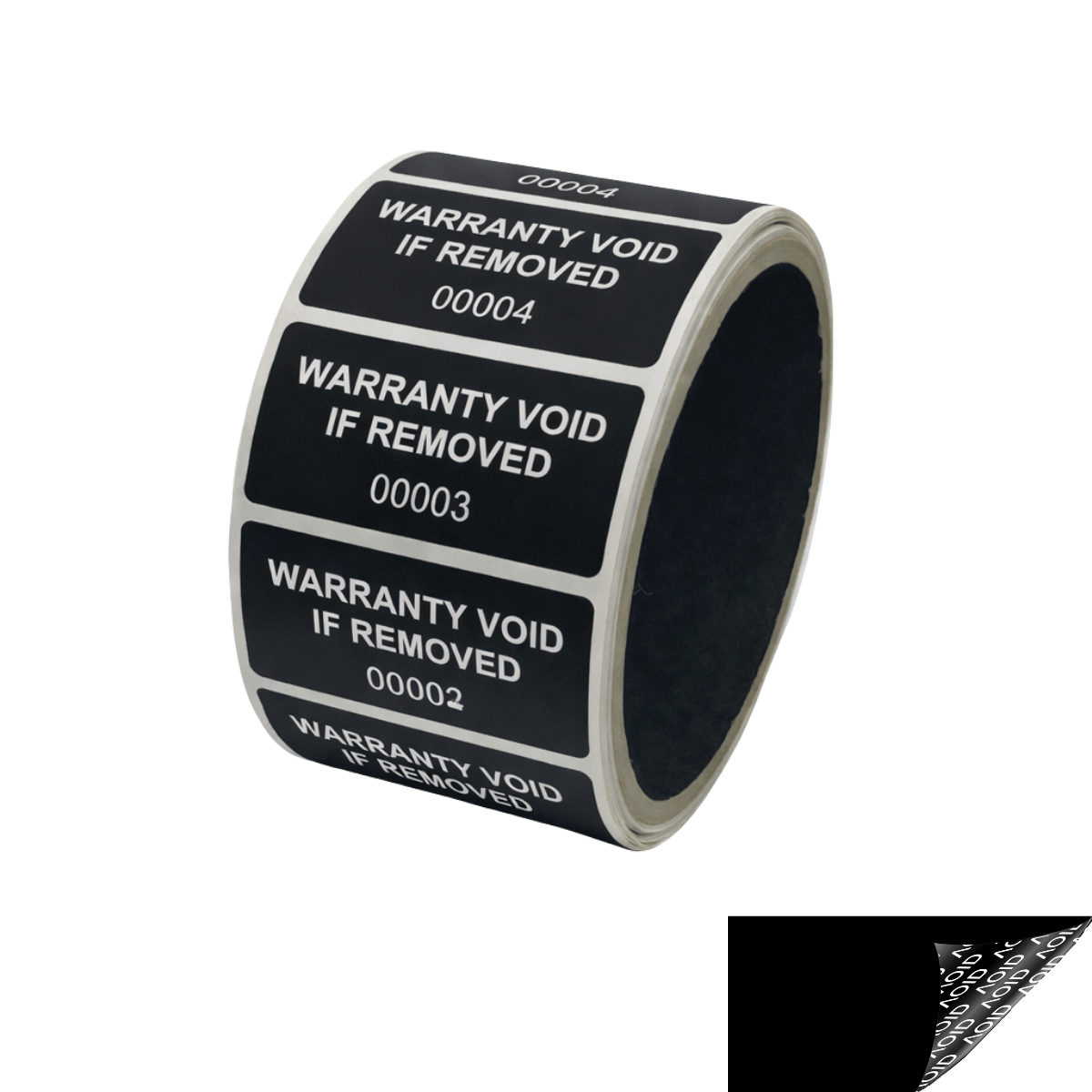 500 Tamper Evident Black Non Residue Security Labels TamperGuard® Seal Sticker, Rectangle 2" x 1" (51mm x 25mm). Printed: Warranty Void if Removed + Serialized