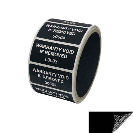 5,000 Tamper Evident Black Non Residue Security Labels TamperGuard® Seal Sticker, Rectangle 2" x 1" (51mm x 25mm). Printed: Warranty Void if Removed + Serialized