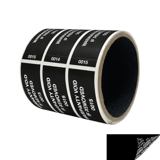 5,000 Tamper Evident Black Non Residue Security Labels TamperGuard® Seal Sticker, Rectangle 2.75" x 1" (70mm x 25mm). Printed: Warranty Void if Removed + Serialized