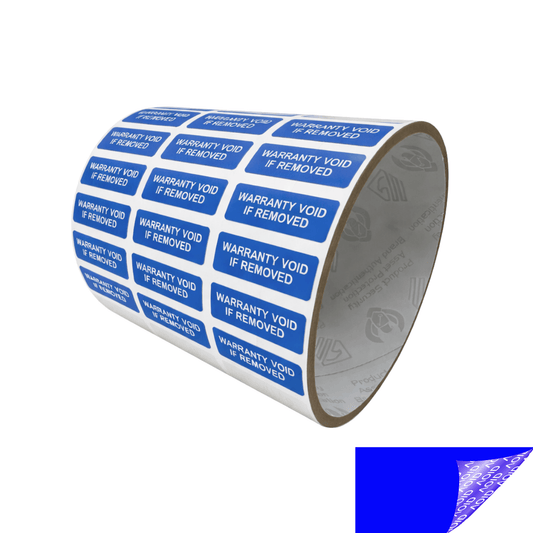 250 Blue TamperGuard® Tamper Evident Security Label Seal Sticker Non Residue, Rectangle 1"x 0.375" (25mm x 9mm). Printed: Warranty Void if Removed + Serial Number.