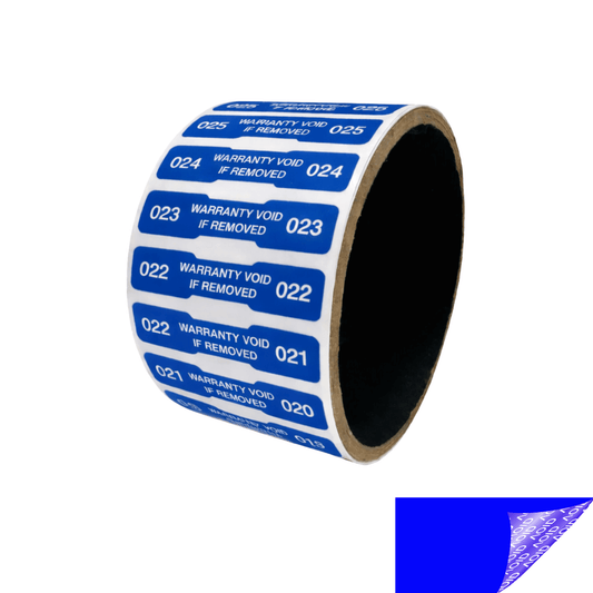 5,000 Tamper Evident Blue Non Residue Security Labels TamperGuard® Seal Sticker, Dogbone 1.75" x 0.375" (44mm x 9mm). Printed: Warranty Void if Removed + Serialized