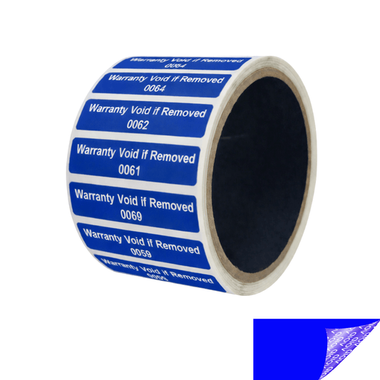 5,000 Tamper Evident Blue Non Residue Security Labels TamperGuard® Seal Sticker, Rectangle 2" x .5" (51mm x 13mm). Printed: Warranty Void if Removed + Serialized