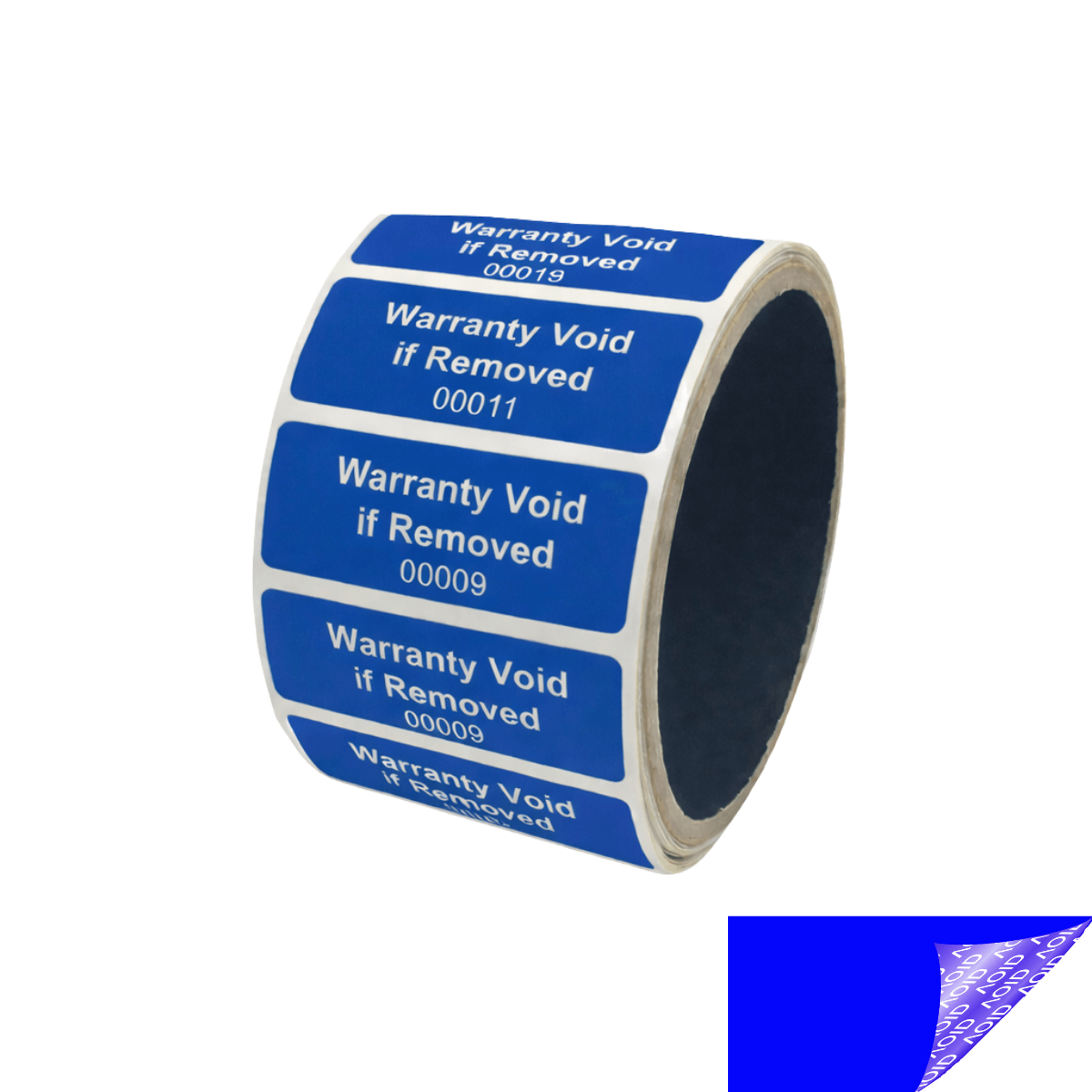 10,000 Blue TamperGuard® Tamper Evident Security Label Seal Sticker Non Residue, Rectangle 2" x 0.75" (51mm x 19mm). Printed: Warranty Void if Removed + Serial Number.