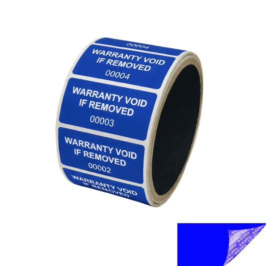 250 Tamper Evident Blue Non Residue Security Labels TamperGuard® Seal Sticker, Rectangle 2" x 1" (51mm x 25mm). Printed: Warranty Void if Removed + Serialized