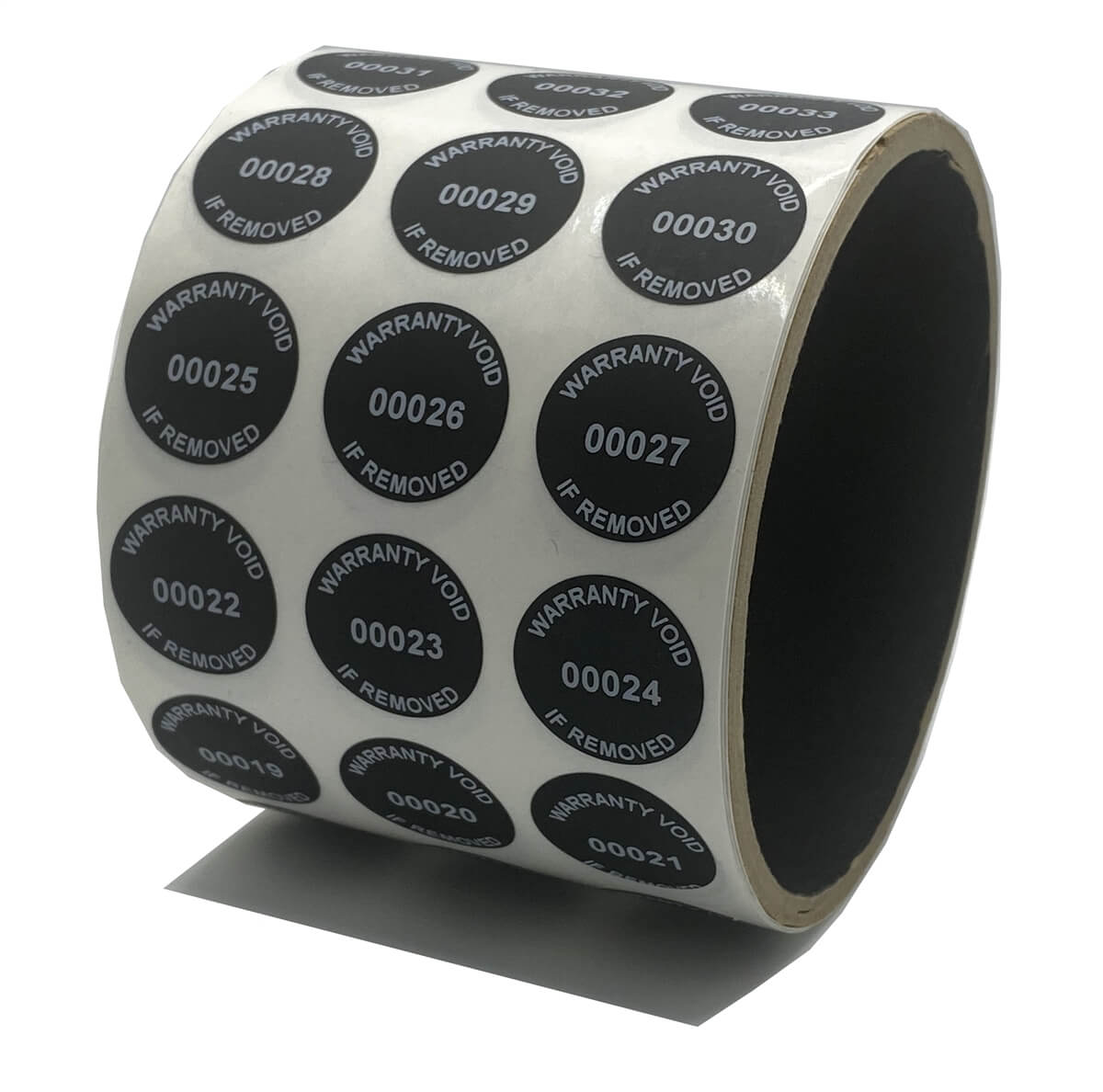 250 Tamper Evident Black Non Residue Security Labels TamperGuard® Seal Sticker, Round/ Circle 0.75" diameter (19mm). Printed: Warranty Void if Removed + Serialized
