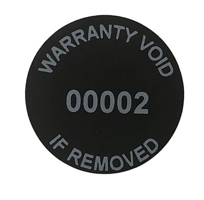 250 Tamper Evident Black Non Residue Security Labels TamperGuard® Seal Sticker, Round/ Circle 0.75" diameter (19mm). Printed: Warranty Void if Removed + Serialized