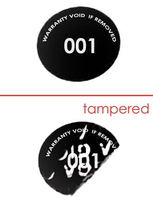 250 Tamper Evident Black Non Residue Security Labels TamperGuard® Seal Sticker, Round/ Circle 0.75" diameter (19mm). Printed: Warranty Void if Removed + Serialized