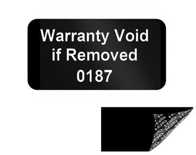 250 Black TamperGuard® Tamper Evident Security Label Seal Sticker Non Residue, Rectangle 1"x 0.5" (25mm x 13mm). Printed: Warranty Void if Removed + Serial Number.