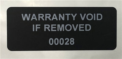 250 Tamper Evident Black Non Residue Security Labels TamperGuard® Seal Sticker, Rectangle 1.5" x 0.6" (38mm x 15mm). Printed: Warranty Void if Removed + Serialized