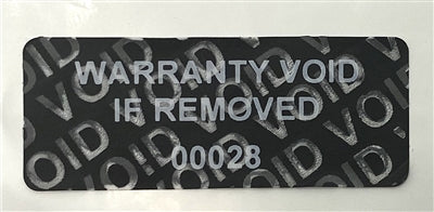 250 Tamper Evident Black Non Residue Security Labels TamperGuard® Seal Sticker, Rectangle 1.5" x 0.6" (38mm x 15mm). Printed: Warranty Void if Removed + Serialized