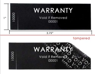 10,000 Tamper Evident Black Non Residue Security Labels TamperGuard® Seal Sticker, Rectangle 2.75" x 1" (70mm x 25mm). Printed: Warranty Void if Removed + Serialized