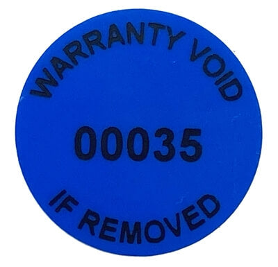 250 Tamper Evident Blue Non Residue Security Labels TamperGuard® Seal Sticker, Round/ Circle 0.75" diameter (19mm). Printed: Warranty Void if Removed + Serialized