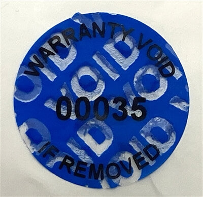 250 Tamper Evident Blue Non Residue Security Labels TamperGuard® Seal Sticker, Round/ Circle 0.75" diameter (19mm). Printed: Warranty Void if Removed + Serialized