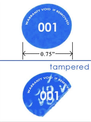 250 Tamper Evident Blue Non Residue Security Labels TamperGuard® Seal Sticker, Round/ Circle 0.75" diameter (19mm). Printed: Warranty Void if Removed + Serialized