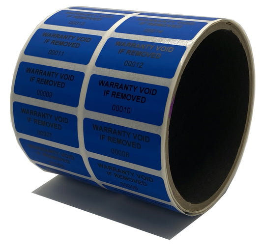 10,000 Tamper Evident Blue Non Residue Security Labels TamperGuard® Seal Sticker, Rectangle 1.5" x 0.6" (38mm x 15mm). Printed: Warranty Void if Removed + Serialized