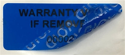 5,000 Tamper Evident Blue Non Residue Security Labels TamperGuard® Seal Sticker, Rectangle 1.5" x 0.6" (38mm x 15mm). Printed: Warranty Void if Removed + Serialized