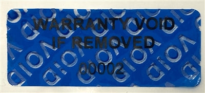 5,000 Tamper Evident Blue Non Residue Security Labels TamperGuard® Seal Sticker, Rectangle 1.5" x 0.6" (38mm x 15mm). Printed: Warranty Void if Removed + Serialized