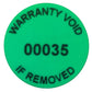 500 Tamper-Evident Green Non Residue Security Labels TamperGuard® Seal Sticker, Round/ Circle 0.75" diameter (19mm). Printed: Warranty Void if Removed + Serialized