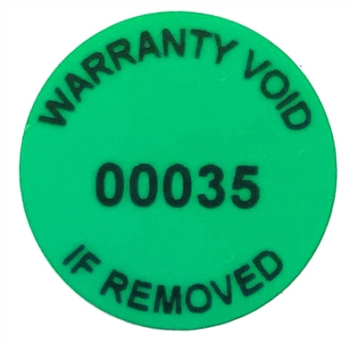 500 Tamper-Evident Green Non Residue Security Labels TamperGuard® Seal Sticker, Round/ Circle 0.75" diameter (19mm). Printed: Warranty Void if Removed + Serialized