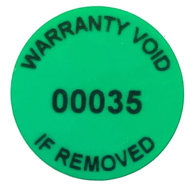 2,000 Tamper-Evident Green Non Residue Security Labels TamperGuard® Seal Sticker, Round/ Circle 0.75" diameter (19mm). Printed: Warranty Void if Removed + Serialized