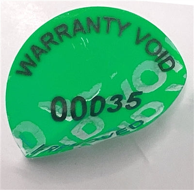 500 Tamper-Evident Green Non Residue Security Labels TamperGuard® Seal Sticker, Round/ Circle 0.75" diameter (19mm). Printed: Warranty Void if Removed + Serialized