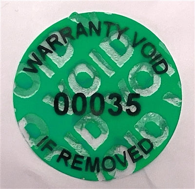 500 Tamper-Evident Green Non Residue Security Labels TamperGuard® Seal Sticker, Round/ Circle 0.75" diameter (19mm). Printed: Warranty Void if Removed + Serialized