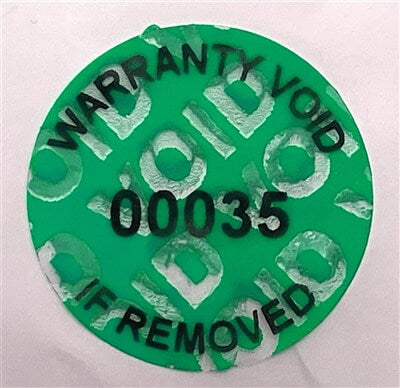 2,000 Tamper-Evident Green Non Residue Security Labels TamperGuard® Seal Sticker, Round/ Circle 0.75" diameter (19mm). Printed: Warranty Void if Removed + Serialized